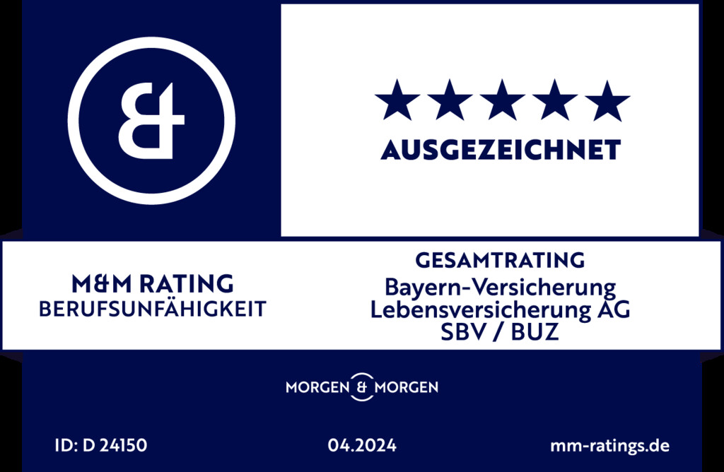 5 von 5 Sternen, ausgezeichnet: im M&M Rating Berufsunfähigkeit und M&M Rating Grundfähigkeit für Bayern-Versicherung Lebensversicherung AG SBV / BUZ und Bayern-Versicherung Lebensversicherung AG EinkommensSicherung Aktiv
